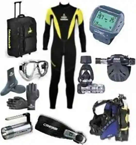 Set completo attrezzatura subacquea: muta, GAV, computer, erogatori e accessori per immersione