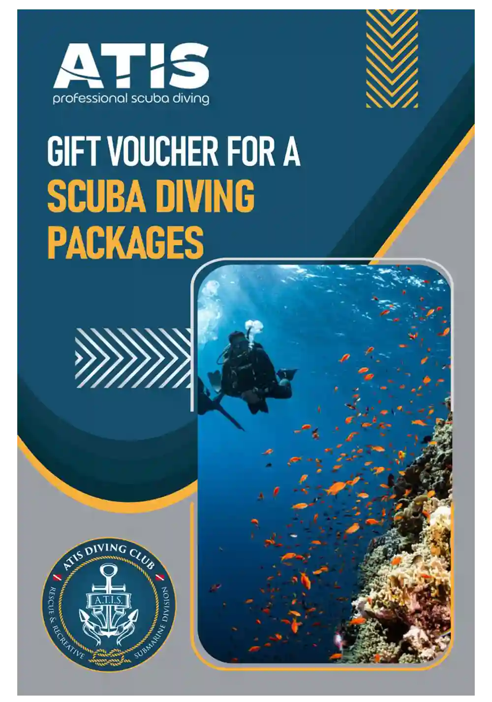 Buono regalo ATIS per Pacchetti Immersioni - Voucher con subacqueo e banco di pesci arancioni