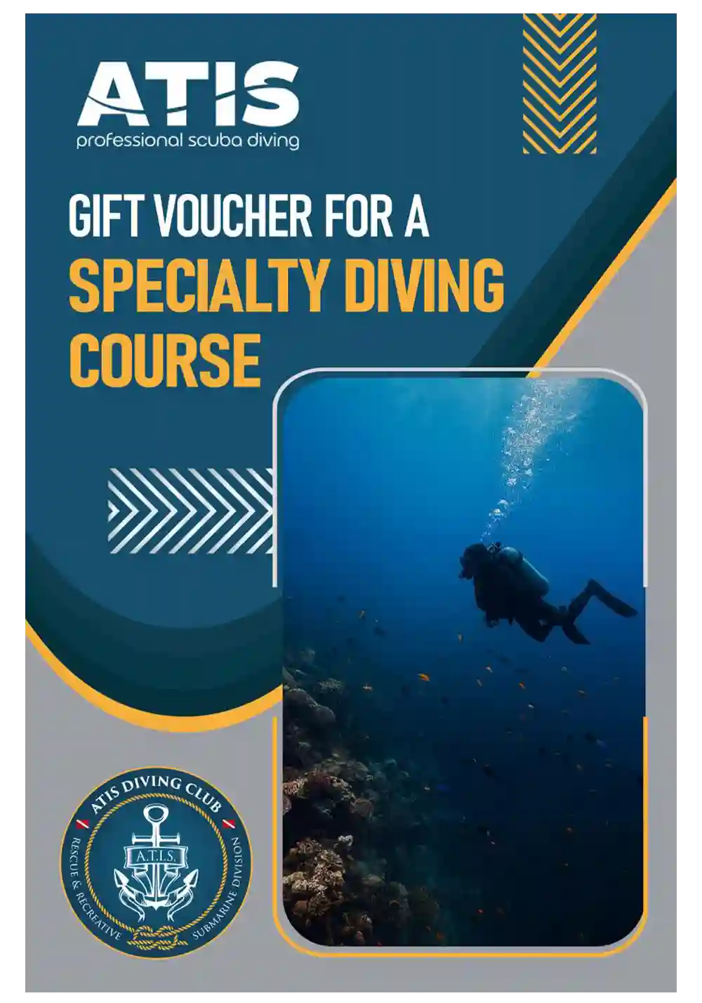 Buono regalo ATIS per Corso di Specialità Subacquea - Voucher con sub che osserva la barriera corallina